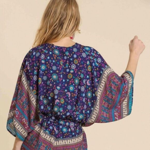 Umgee Mixed Print Surplice Waist tie Romper NWT - Picture 4 of 10